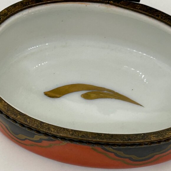 Limoges Oval Trinket Box Handprinted in France Brass Accents Orange-Black Design - Picture 11 of 16